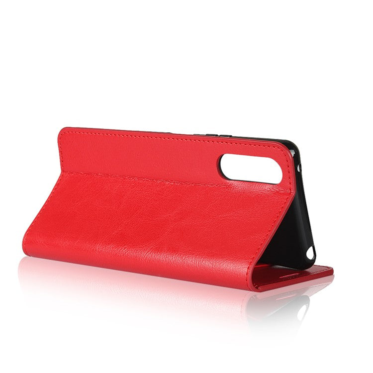 Crazy Horse Wallet Stand Genuine Leather Case Phone Shell for Sony Xperia 10 II - Red