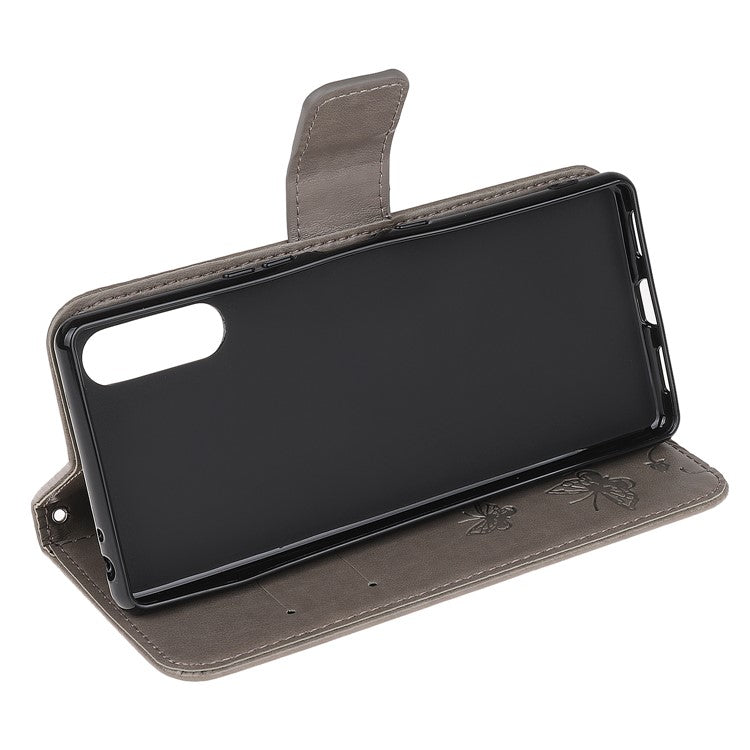 Imprint Butterfly Flower Wallet Stand Leather Flip Cover for Sony Xperia L4 - Grey