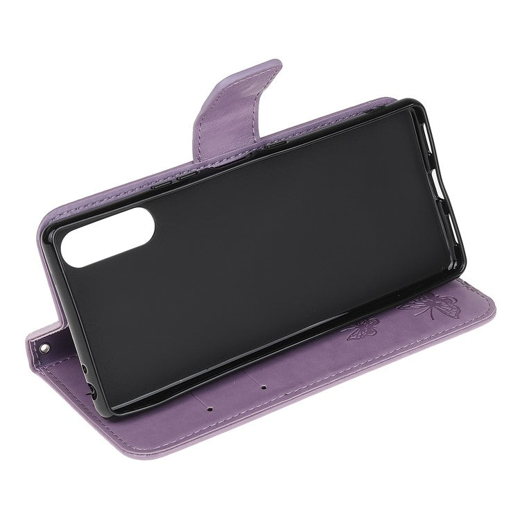 Imprint Butterfly Flower Wallet Stand Leather Flip Cover for Sony Xperia L4 - Light Purple