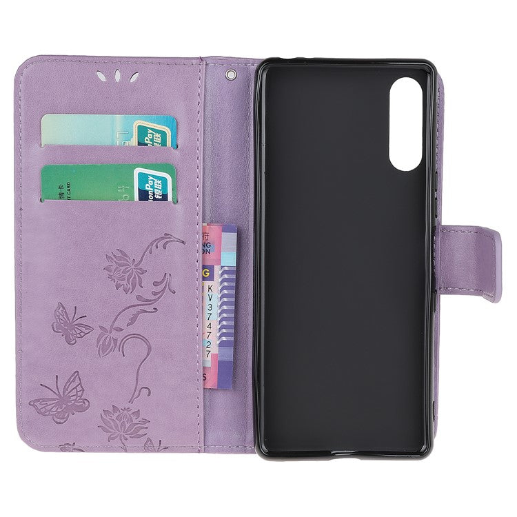 Imprint Butterfly Flower Wallet Stand Leather Flip Cover for Sony Xperia L4 - Light Purple