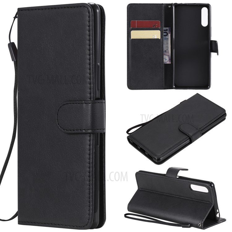 KT Leather Series-2 Solid Color PU Leather Shell Phone Cover with Strap for Sony Xperia L4 - Black