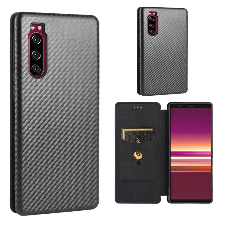 Carbon Fiber Auto-absorbed Leather Case with Card Slot for Sony Xperia 5 II - Black