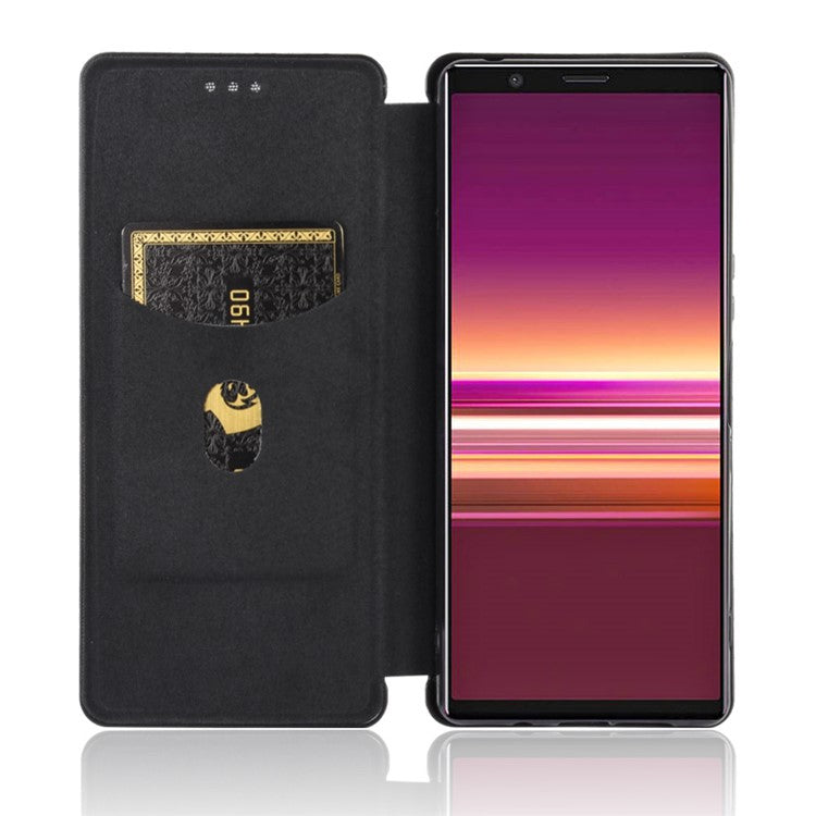 Carbon Fiber Auto-absorbed Leather Case with Card Slot for Sony Xperia 5 II - Black