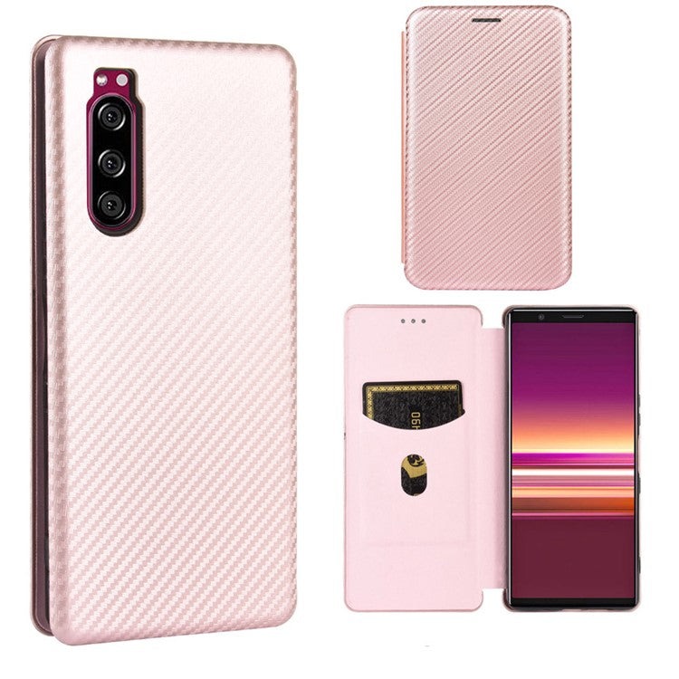 Carbon Fiber Auto-absorbed Leather Case with Card Slot for Sony Xperia 5 II - Rose Gold