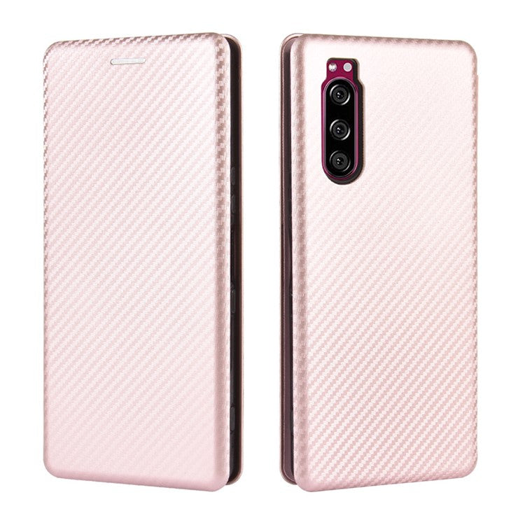 Carbon Fiber Auto-absorbed Leather Case with Card Slot for Sony Xperia 5 II - Rose Gold