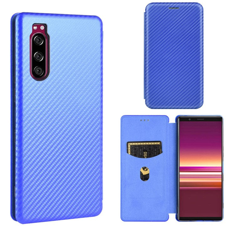 Carbon Fiber Auto-absorbed Leather Case with Card Slot for Sony Xperia 5 II - Blue