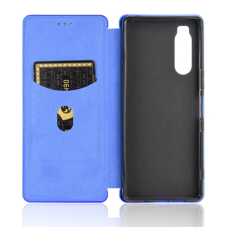 Carbon Fiber Auto-absorbed Leather Case with Card Slot for Sony Xperia 5 II - Blue