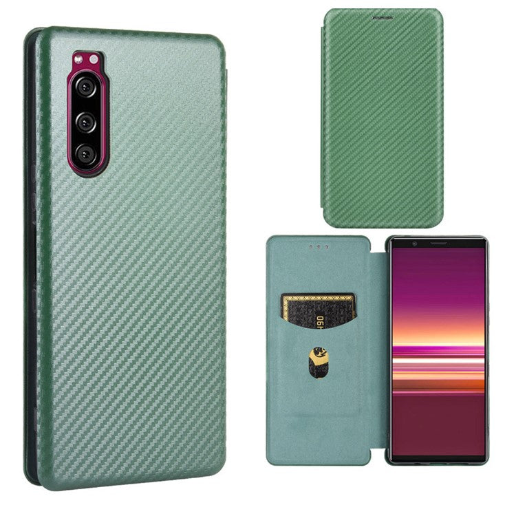 Carbon Fiber Auto-absorbed Leather Case with Card Slot for Sony Xperia 5 II - Green