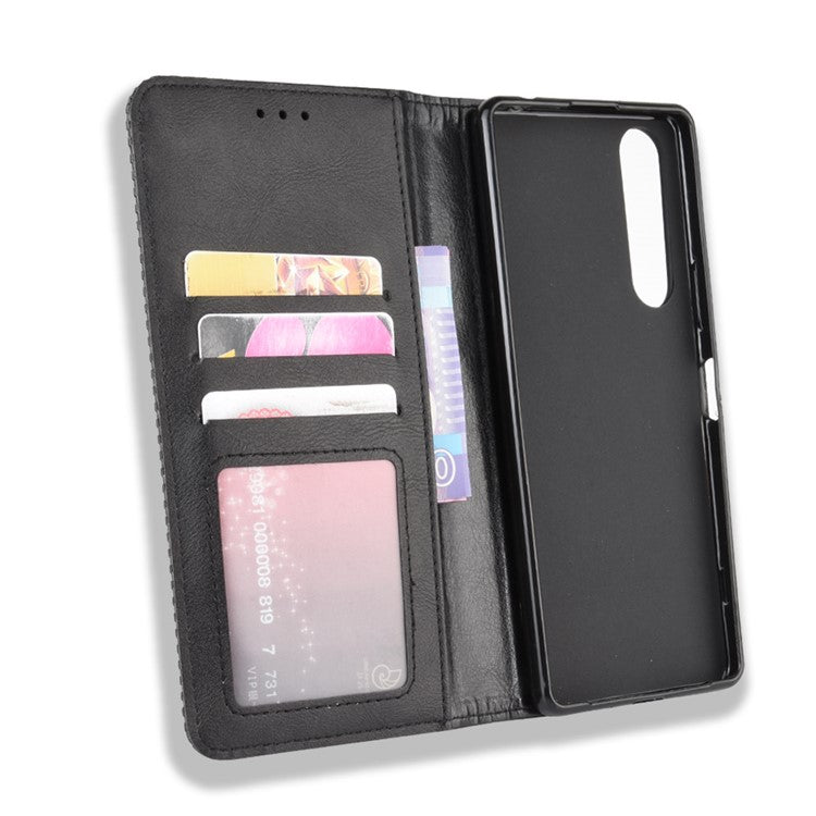 Auto-absorbed Retro Case Leather Phone Cover with Stand Wallet for Sony Xperia 5 II - Black