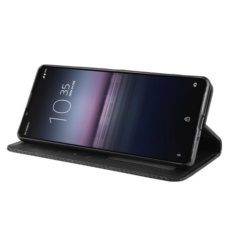 Auto-absorbed Retro Case Leather Phone Cover with Stand Wallet for Sony Xperia 5 II - Black