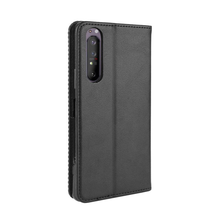 Auto-absorbed Retro Case Leather Phone Cover with Stand Wallet for Sony Xperia 5 II - Black
