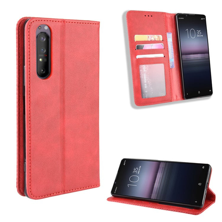 Auto-absorbed Retro Case Leather Phone Cover with Stand Wallet for Sony Xperia 5 II - Red