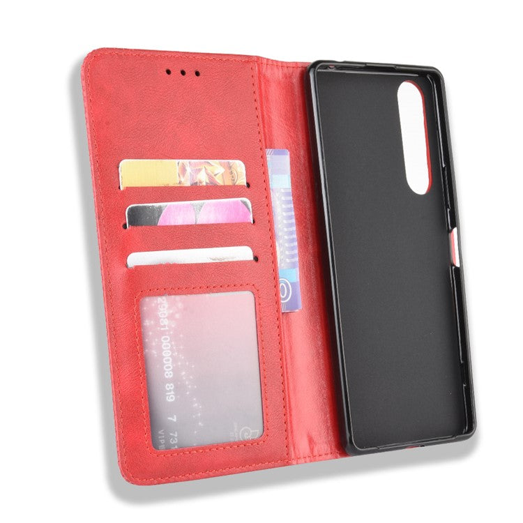 Auto-absorbed Retro Case Leather Phone Cover with Stand Wallet for Sony Xperia 5 II - Red