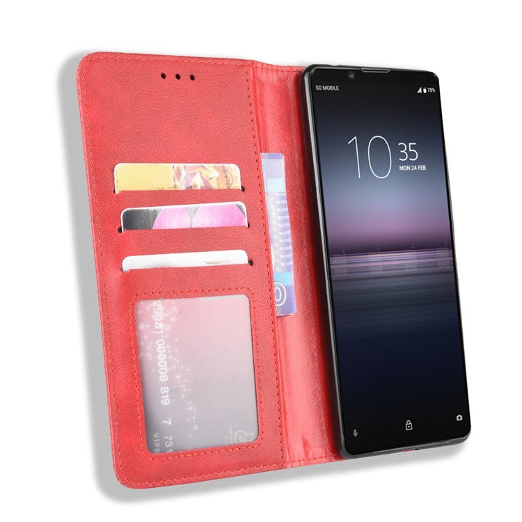 Auto-absorbed Retro Case Leather Phone Cover with Stand Wallet for Sony Xperia 5 II - Red