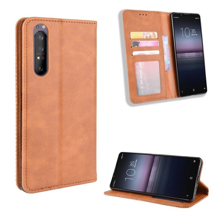 Auto-absorbed Retro Case Leather Phone Cover with Stand Wallet for Sony Xperia 5 II - Brown