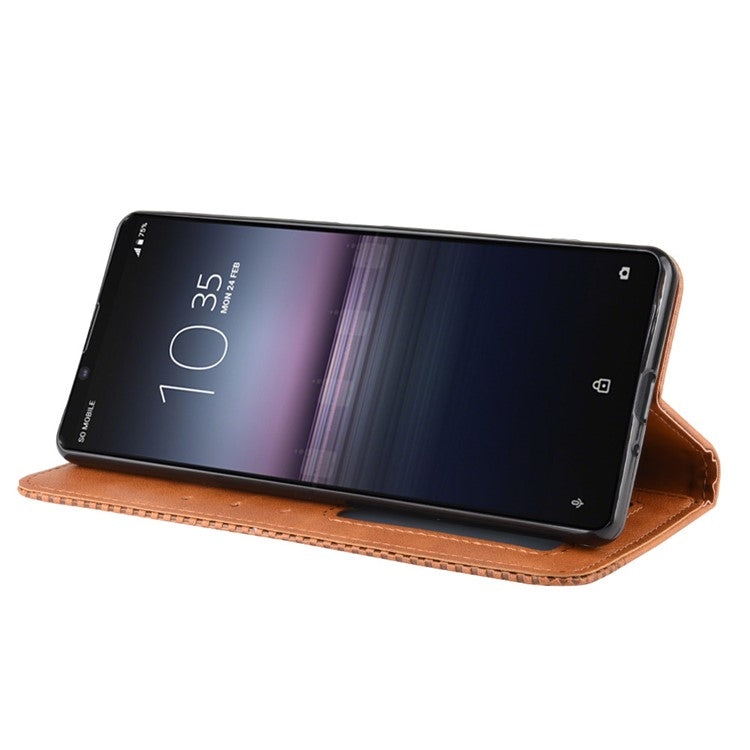 Auto-absorbed Retro Case Leather Phone Cover with Stand Wallet for Sony Xperia 5 II - Brown