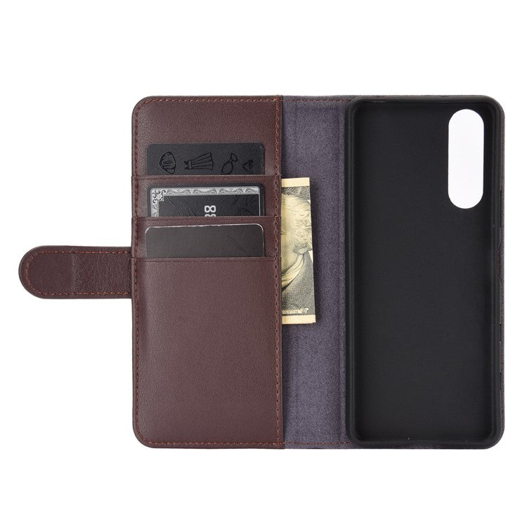 Split Leather Wallet Stand Protective Shell for Sony Xperia 5 II with Magnetic Closure Design - Brown
