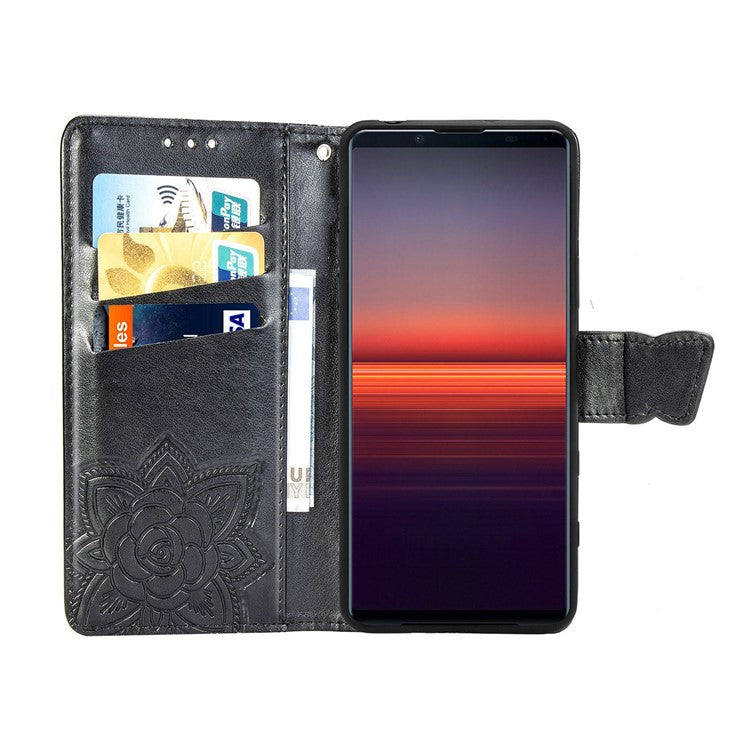 Imprint Big Butterfly Leather Wallet Phone Shell for Sony Xperia 5 II - Black