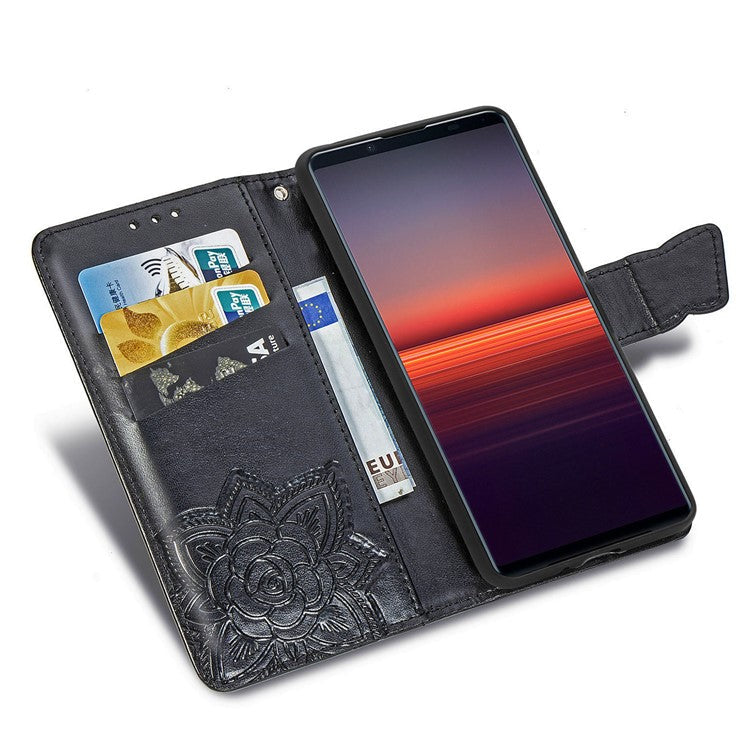 Imprint Big Butterfly Leather Wallet Phone Shell for Sony Xperia 5 II - Black