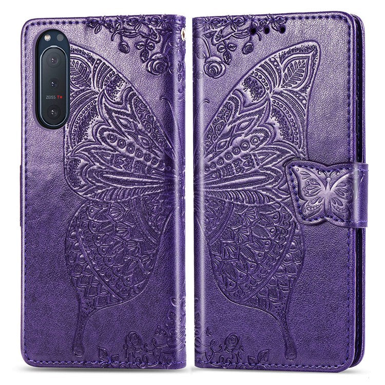 Imprint Big Butterfly Leather Wallet Phone Shell for Sony Xperia 5 II - Dark Purple