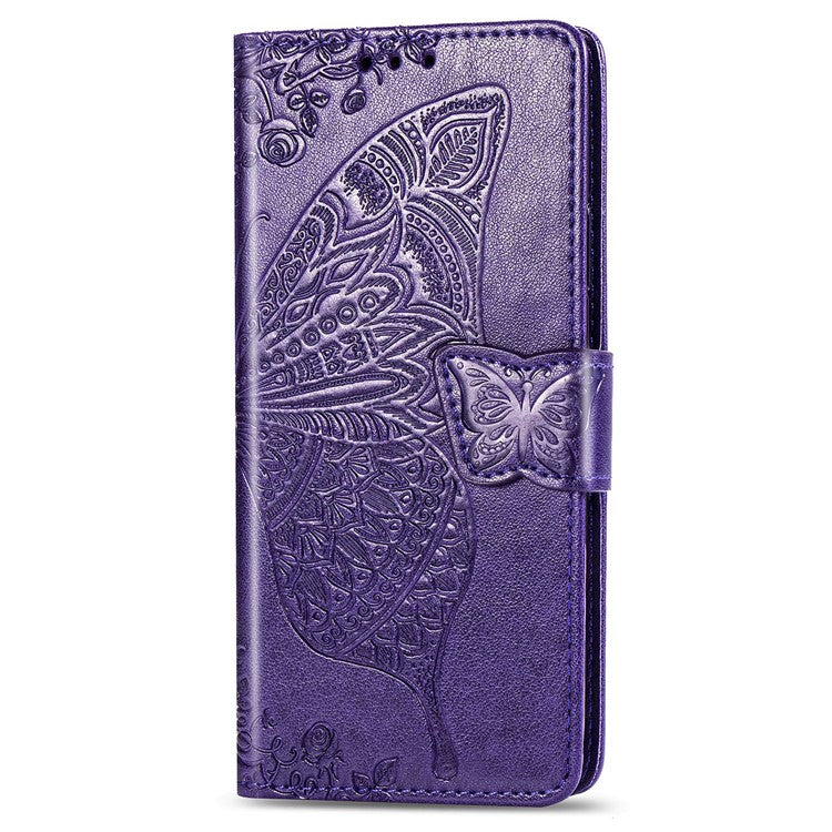 Imprint Big Butterfly Leather Wallet Phone Shell for Sony Xperia 5 II - Dark Purple