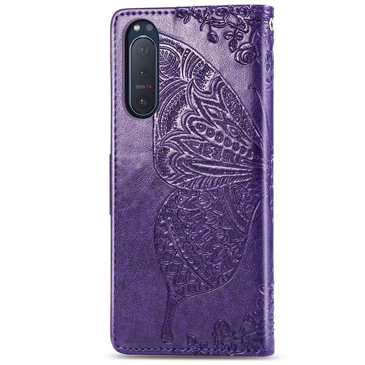 Imprint Big Butterfly Leather Wallet Phone Shell for Sony Xperia 5 II - Dark Purple