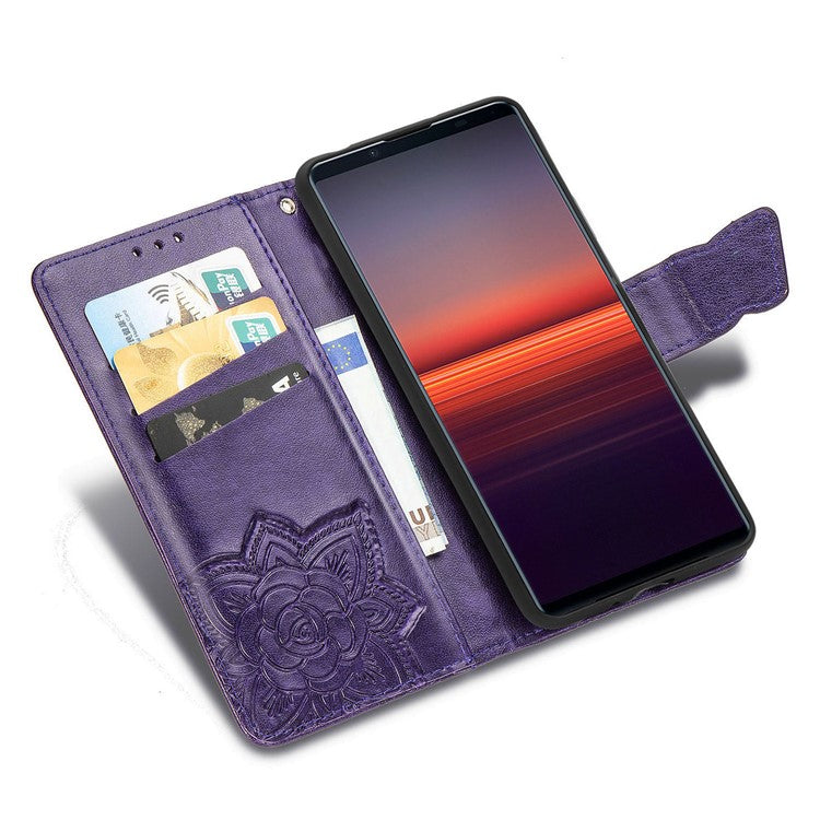 Imprint Big Butterfly Leather Wallet Phone Shell for Sony Xperia 5 II - Dark Purple