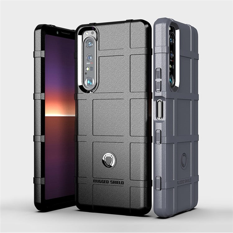 Shock-proof Rugged Square Grid Texture TPU Phone Cover Case for Sony Xperia 1 III 5G - Black