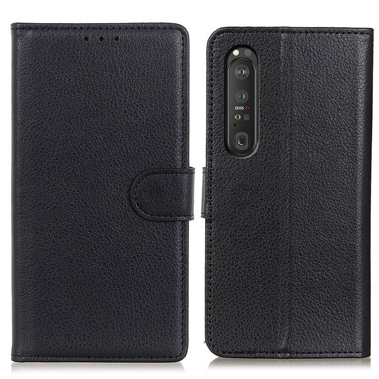 Folio Flip Wallet Design Litchi Skin Leather Case Protective Shell with Stand for Sony Xperia 1 III 5G - Black
