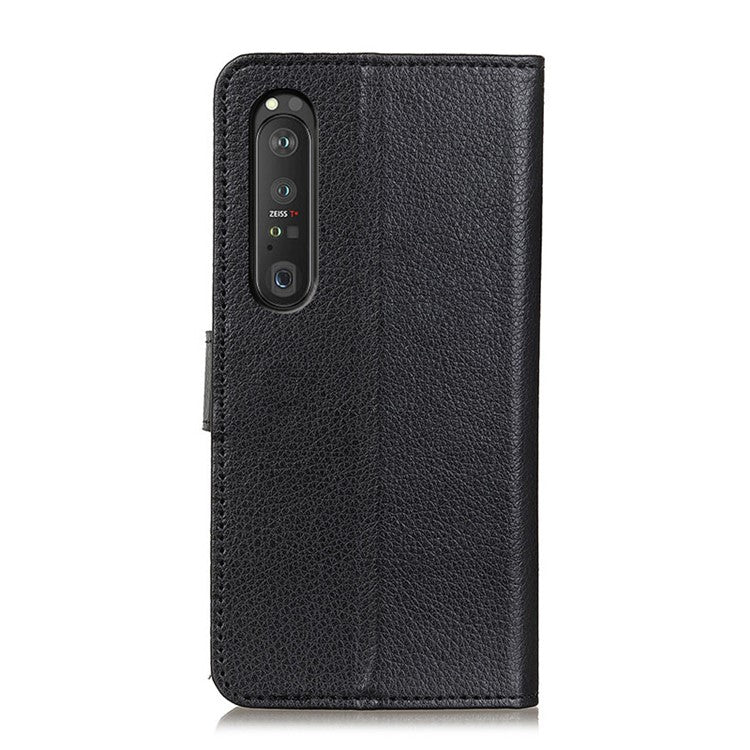 Folio Flip Wallet Design Litchi Skin Leather Case Protective Shell with Stand for Sony Xperia 1 III 5G - Black