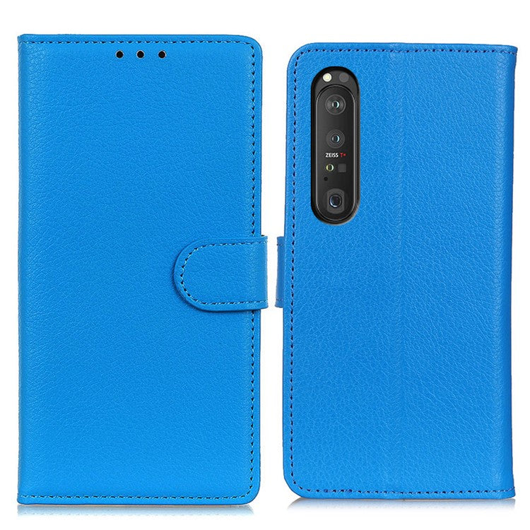 Folio Flip Wallet Design Litchi Skin Leather Case Protective Shell with Stand for Sony Xperia 1 III 5G - Blue