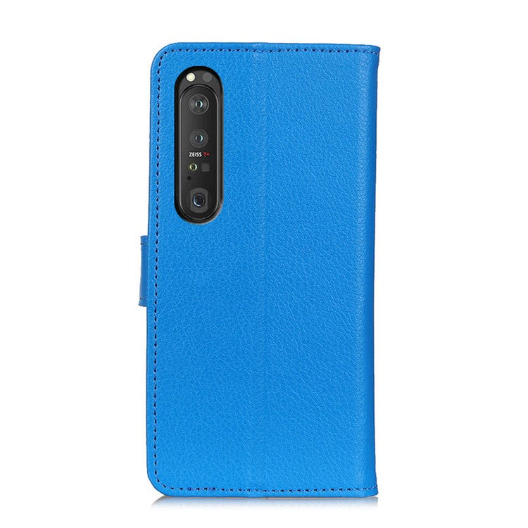 Folio Flip Wallet Design Litchi Skin Leather Case Protective Shell with Stand for Sony Xperia 1 III 5G - Blue