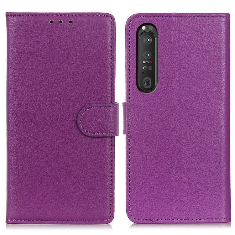 Folio Flip Wallet Design Litchi Skin Leather Case Protective Shell with Stand for Sony Xperia 1 III 5G - Purple