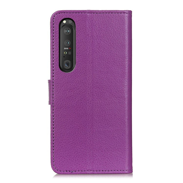 Folio Flip Wallet Design Litchi Skin Leather Case Protective Shell with Stand for Sony Xperia 1 III 5G - Purple