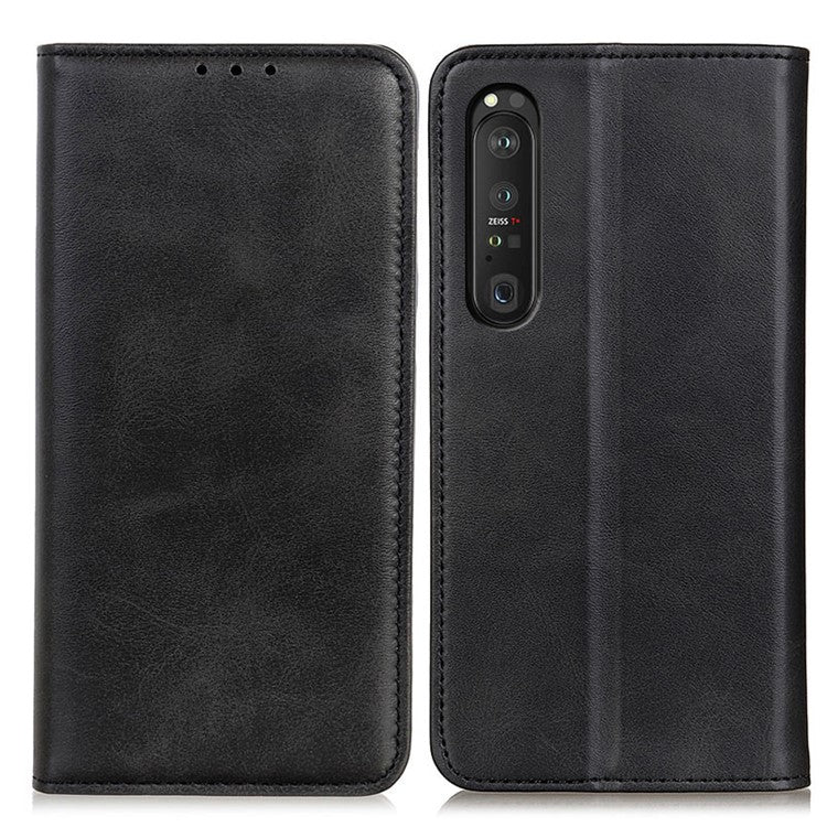 Automatic Suction Design Split Leather Wallet Phone Cover for Sony Xperia 1 III 5G Stand Shell - Black