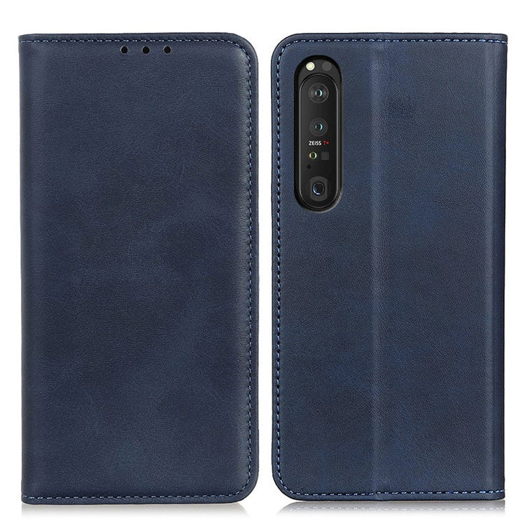 Automatic Suction Design Split Leather Wallet Phone Cover for Sony Xperia 1 III 5G Stand Shell - Blue