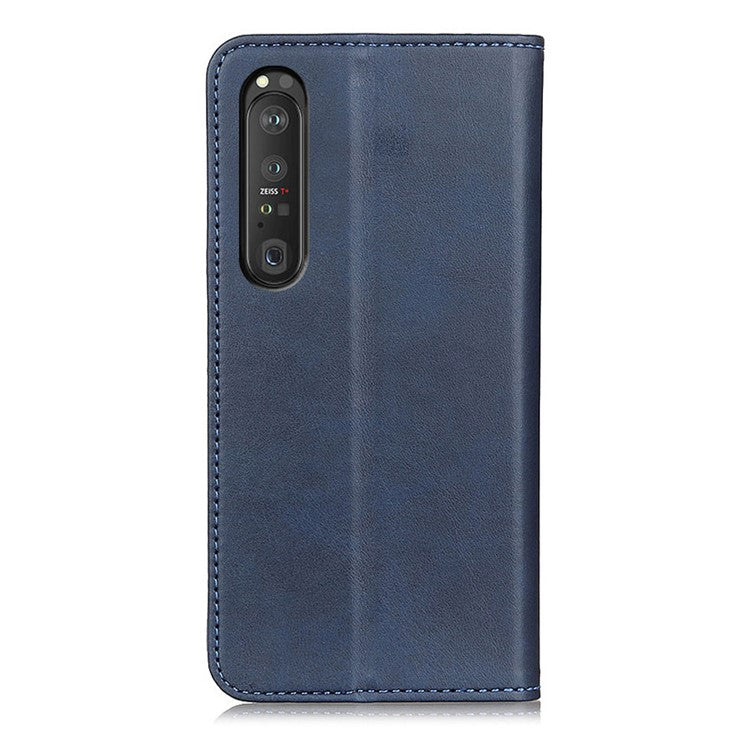 Automatic Suction Design Split Leather Wallet Phone Cover for Sony Xperia 1 III 5G Stand Shell - Blue