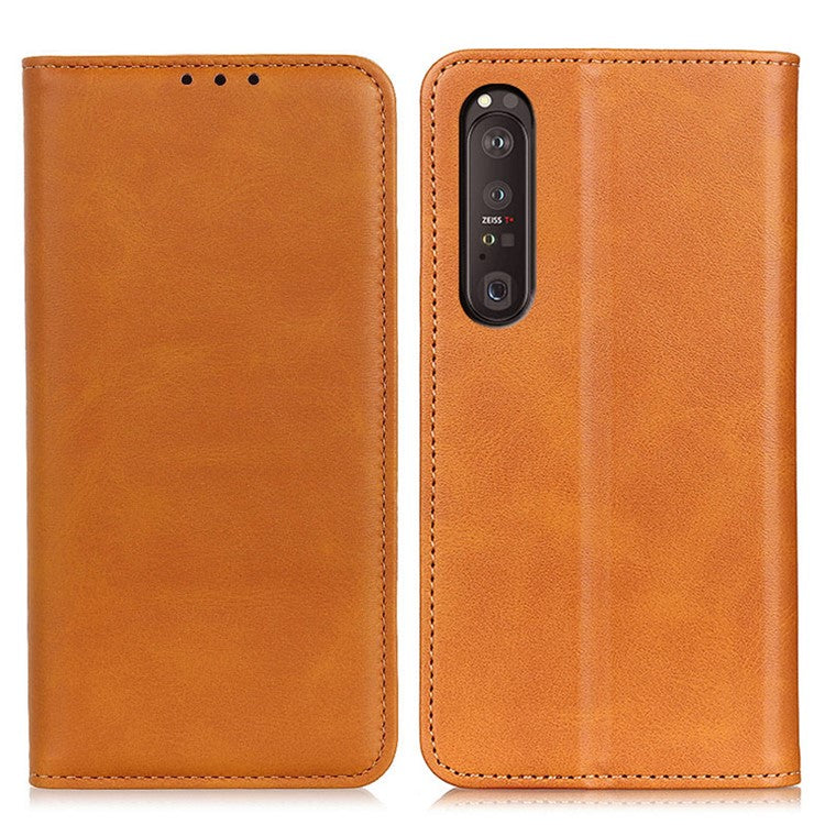 Automatic Suction Design Split Leather Wallet Phone Cover for Sony Xperia 1 III 5G Stand Shell - Yellow