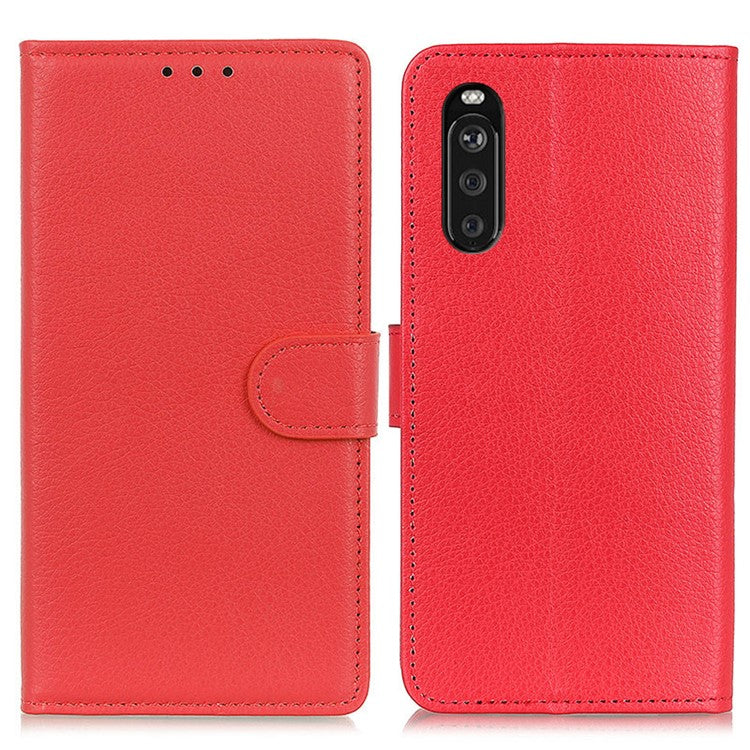 Classic Style Litchi Texture PU Leather Wallet Case Stand Cover for Sony Xperia 10 III 5G - Red