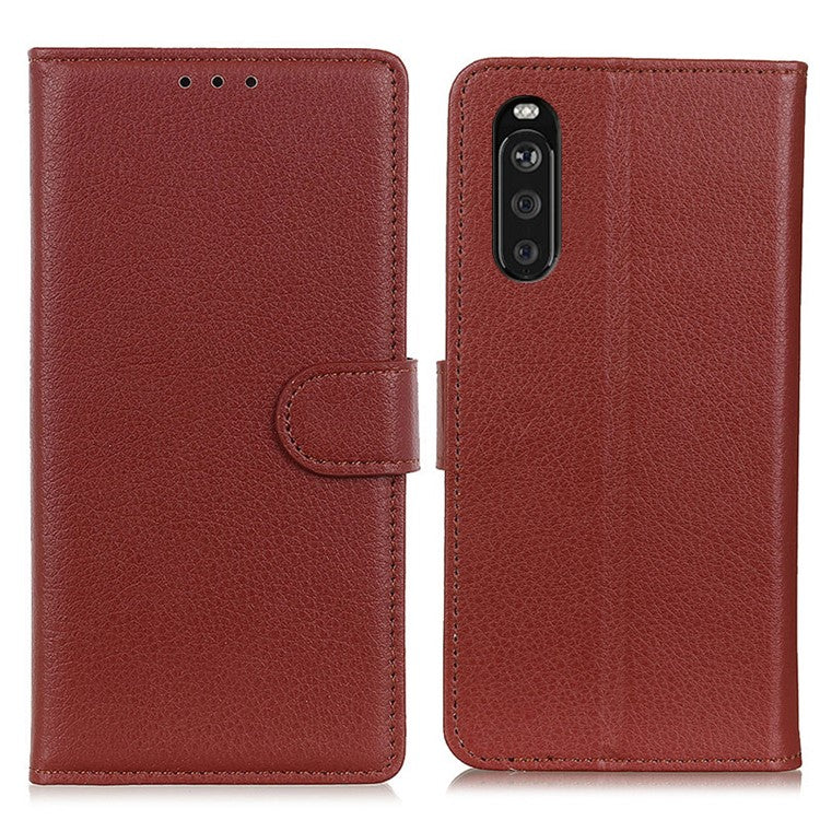 Classic Style Litchi Texture PU Leather Wallet Case Stand Cover for Sony Xperia 10 III 5G - Brown