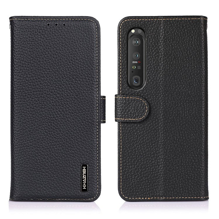KHAZNEH for Sony Xperia 1 III 5G Wallet Design Litchi Texture Top Layer Genuine Leather Shell Cell Phone Stand Case - Black