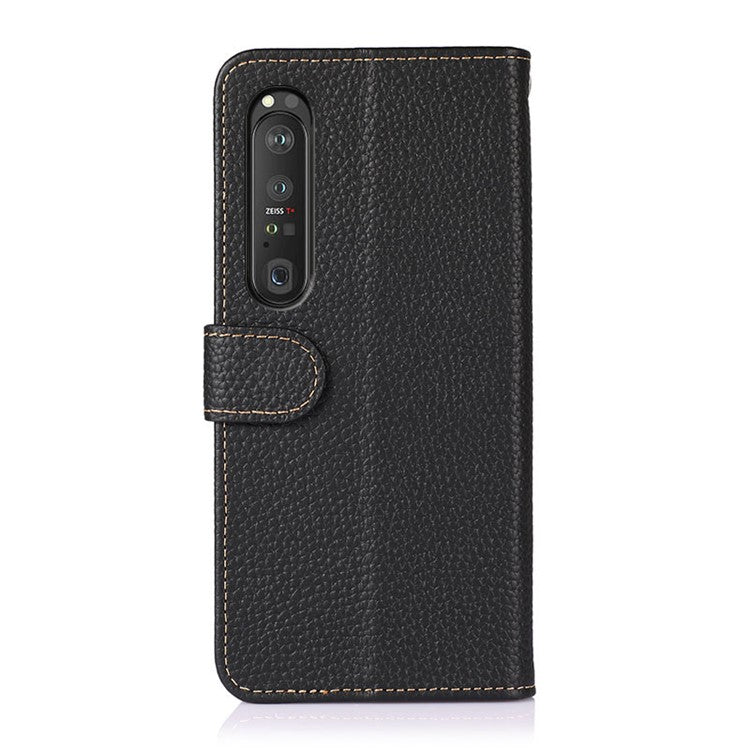 KHAZNEH for Sony Xperia 1 III 5G Wallet Design Litchi Texture Top Layer Genuine Leather Shell Cell Phone Stand Case - Black