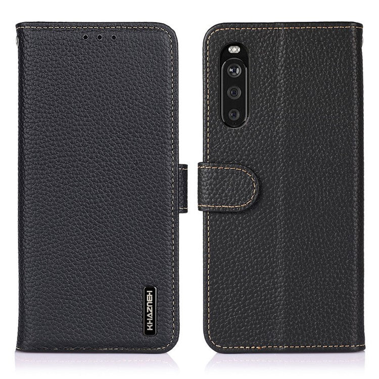 KHAZNEH for Sony Xperia 10 III 5G Wallet Design Litchi Texture Top Layer Genuine Leather Shell Cell Phone Stand Case - Black