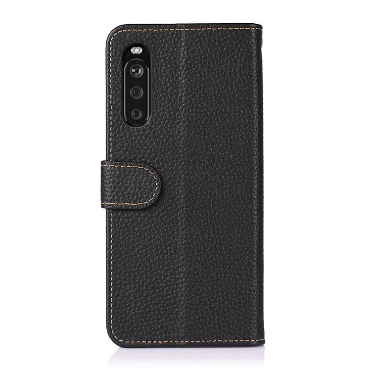 KHAZNEH for Sony Xperia 10 III 5G Wallet Design Litchi Texture Top Layer Genuine Leather Shell Cell Phone Stand Case - Black