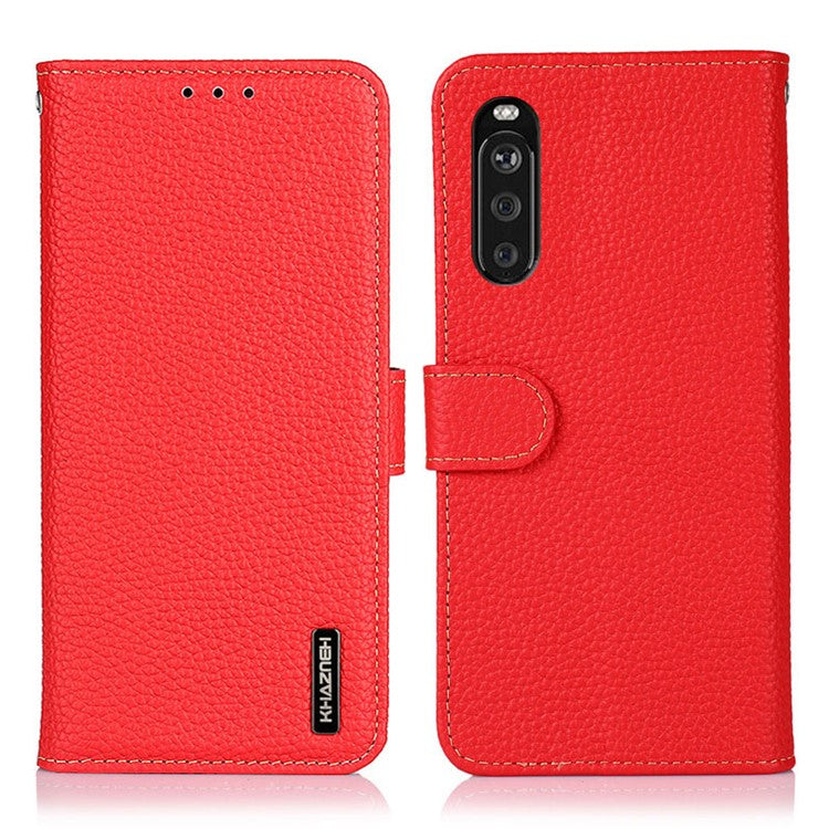 KHAZNEH for Sony Xperia 10 III 5G Wallet Design Litchi Texture Top Layer Genuine Leather Shell Cell Phone Stand Case - Red
