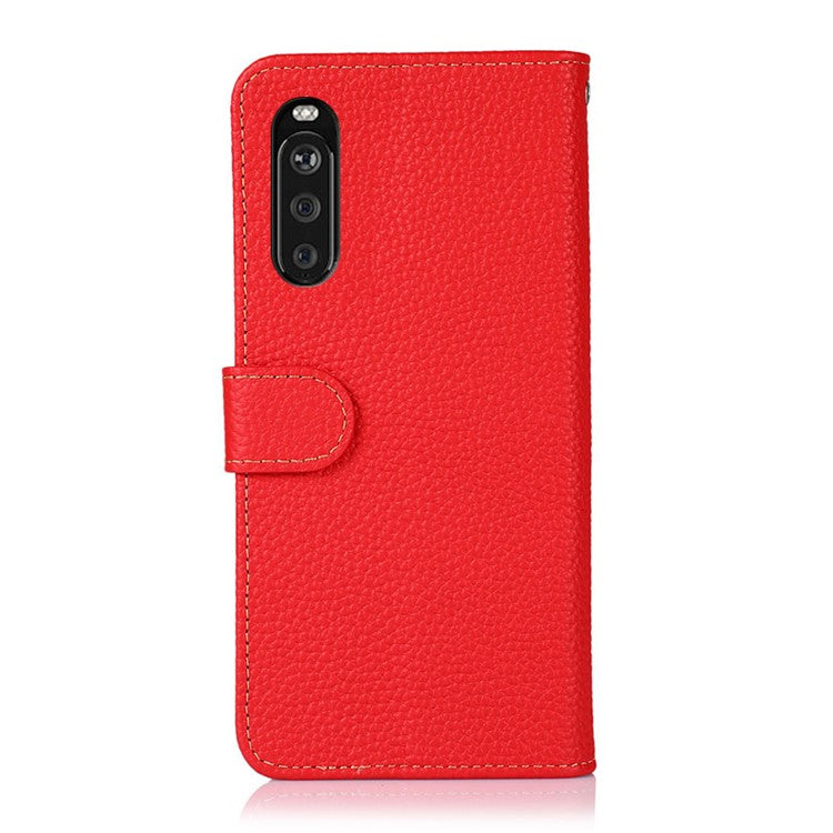 KHAZNEH for Sony Xperia 10 III 5G Wallet Design Litchi Texture Top Layer Genuine Leather Shell Cell Phone Stand Case - Red