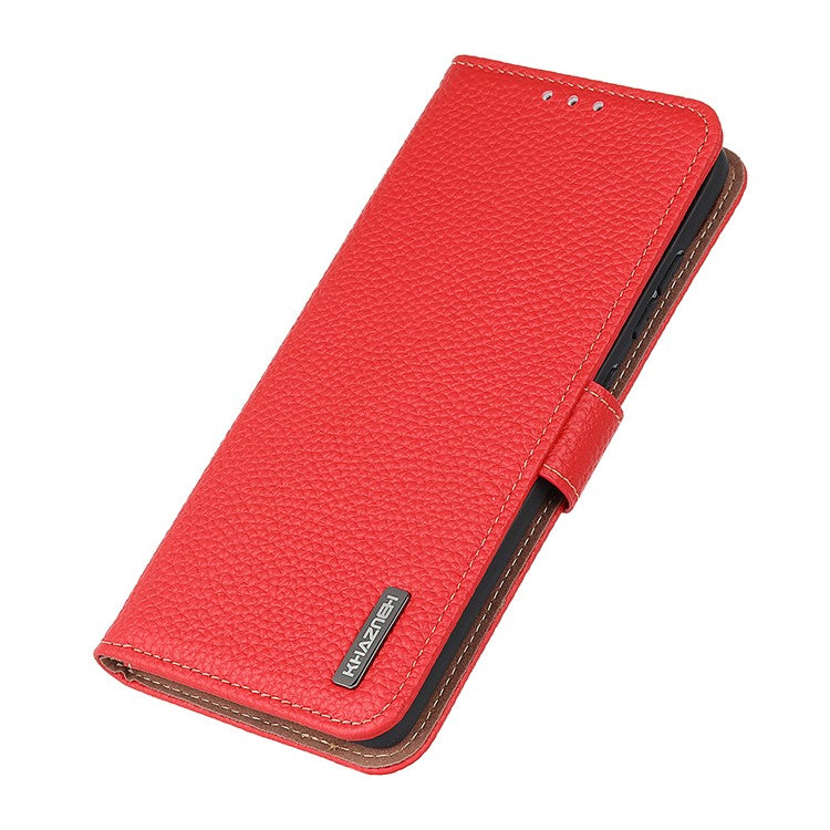 KHAZNEH for Sony Xperia 10 III 5G Wallet Design Litchi Texture Top Layer Genuine Leather Shell Cell Phone Stand Case - Red