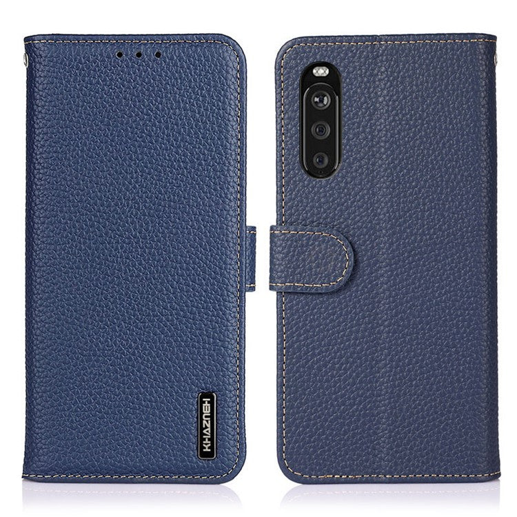 KHAZNEH for Sony Xperia 10 III 5G Wallet Design Litchi Texture Top Layer Genuine Leather Shell Cell Phone Stand Case - Blue