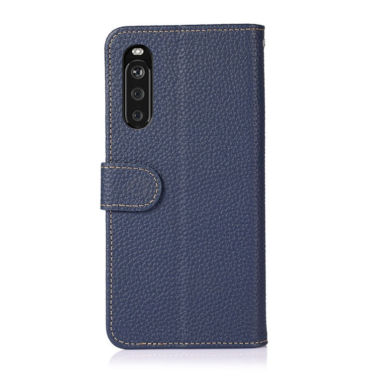 KHAZNEH for Sony Xperia 10 III 5G Wallet Design Litchi Texture Top Layer Genuine Leather Shell Cell Phone Stand Case - Blue