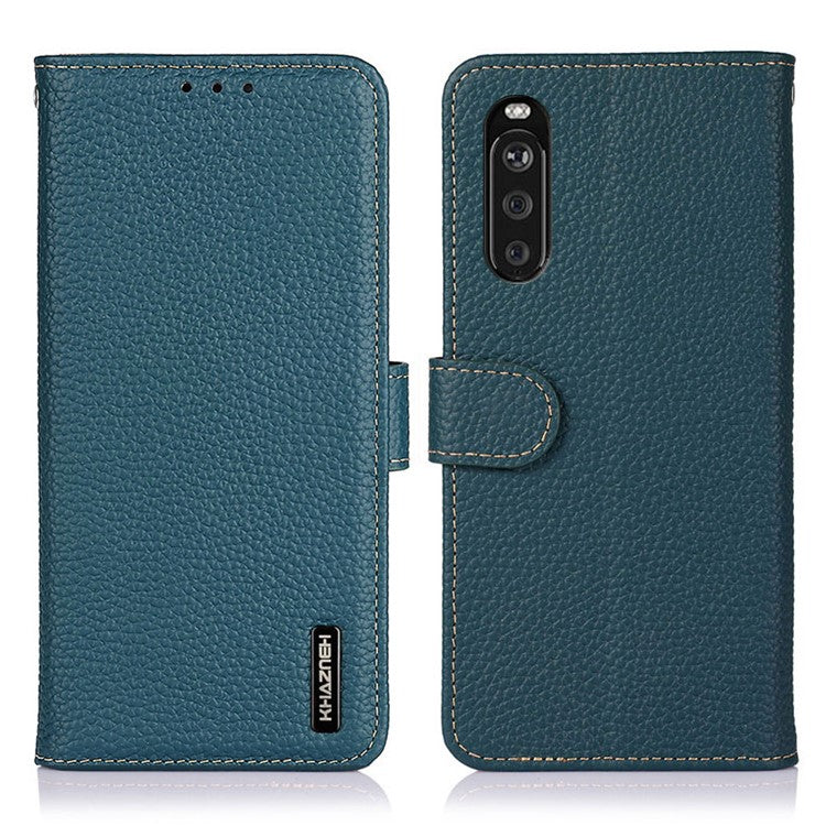 KHAZNEH for Sony Xperia 10 III 5G Wallet Design Litchi Texture Top Layer Genuine Leather Shell Cell Phone Stand Case - Green